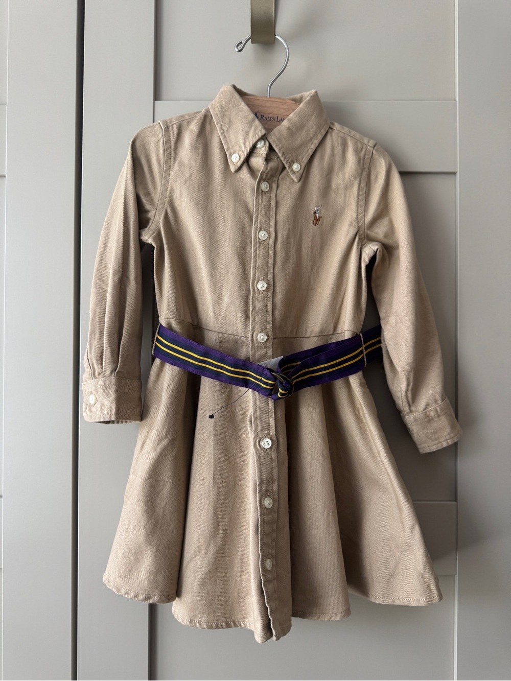 Ralph Lauren Girls' Khaki Button-Front Shirt Dress with Belt